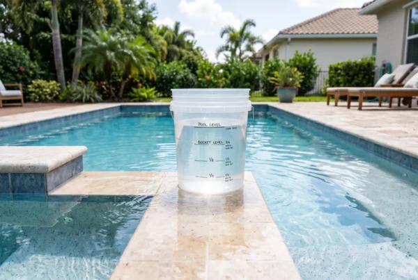 A DIY bucket test set up on pool steps to measure evaporation versus a pool leak.