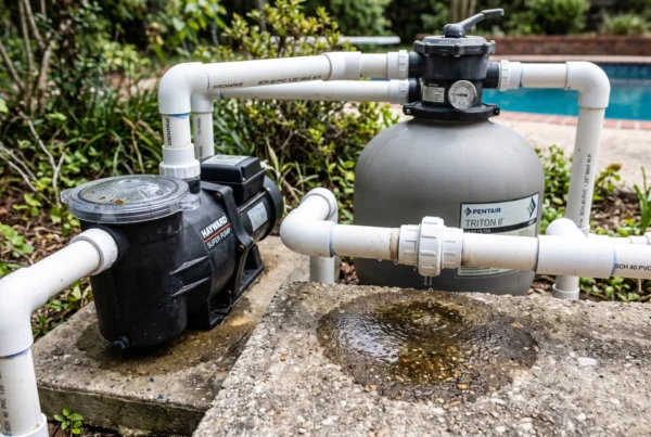 Close-up of pool filtration pump equipment with minor wetness around PVC pipe joints.