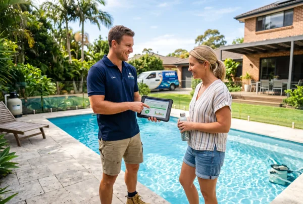 Pool technician explaining leak diagnostic results to a homeowner.