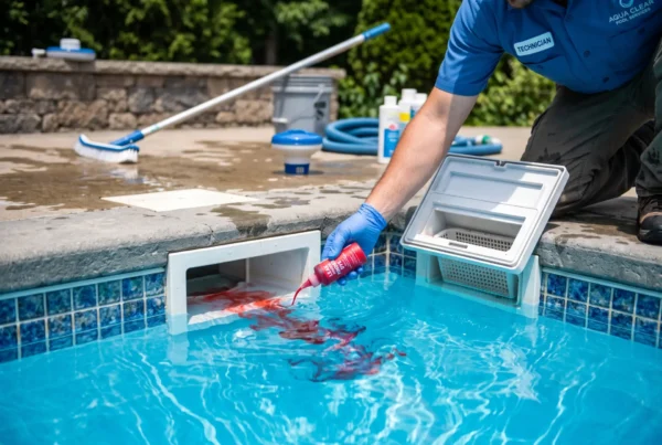 Pool technician performing a precision dye test to identify a pool leak.