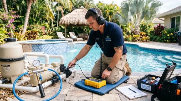 Professional leak detection technician using diagnostic equipment around a pool.