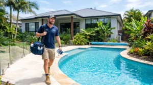 Professional pool leak detection technician inspecting a swimming pool in South East Queensland.