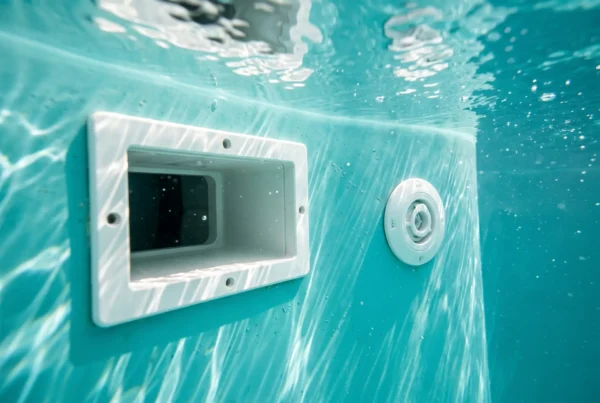 Skimmer box fitting on a smooth blue fibreglass pool shell.