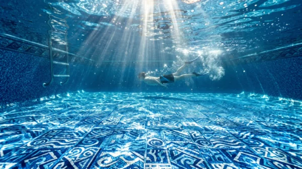 Underwater close-up of a blue vinyl pool liner surface.