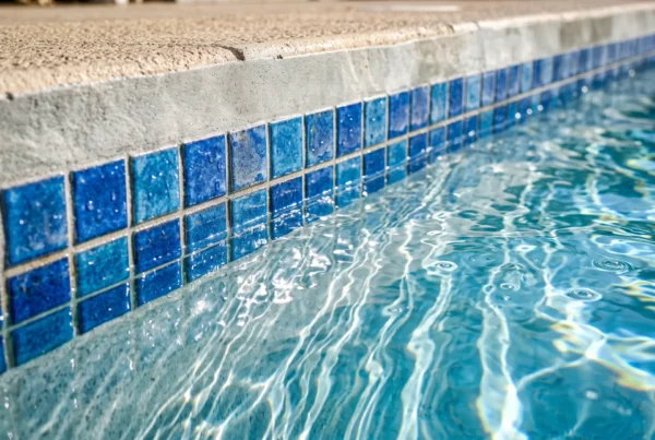 Waterline coping tiles and render on a concrete swimming pool.